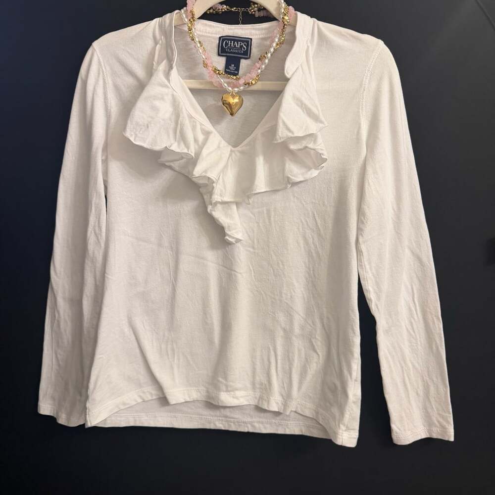 Chaps Classics Ruffle V-Neck Blouse White #0742